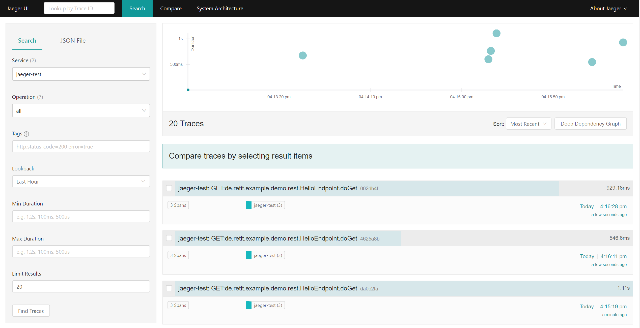 Traces of the demo application in Jaeger's UI