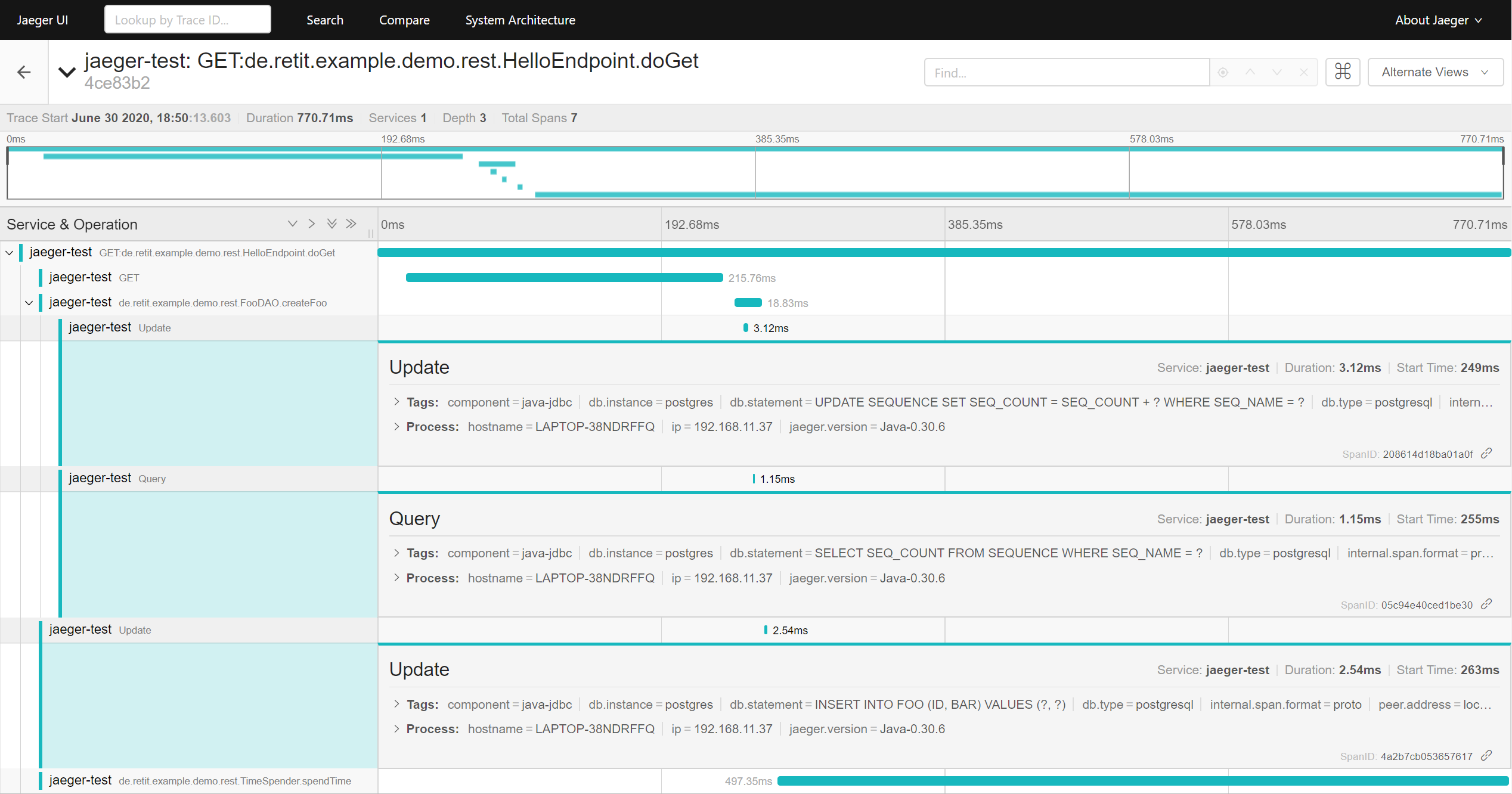 Details of spans created for SQL queries